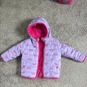 Pink and Purple Hooded Jacket with Rainbow Print